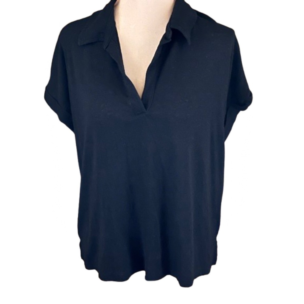 Banana Republic Factory XL Black Split Neck SS Linen Blend Top Neutral Casual